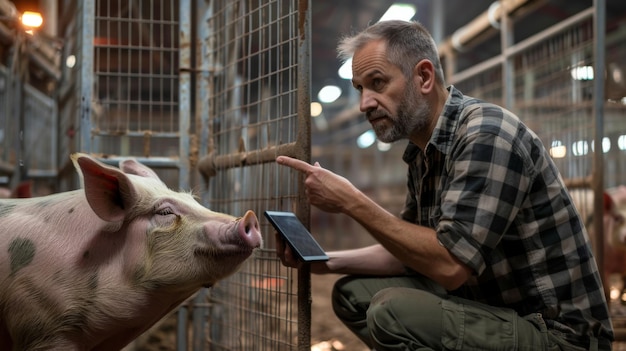 Photo farmer engaging with pig indoors