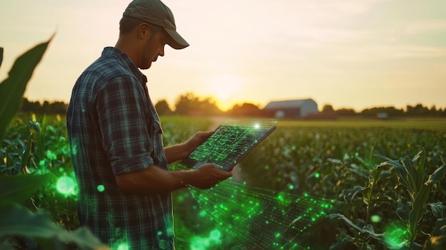 A farmer examining a digital map that overlays weather data with crop yield predictions planning for the upcoming harvest