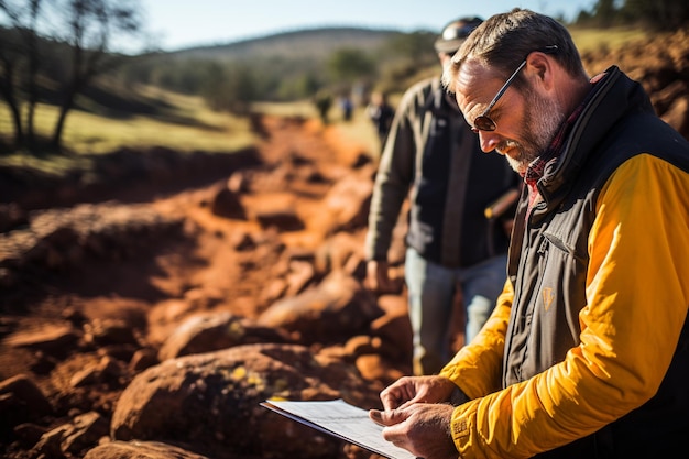 Photo a farmer examining a piece of land with the potential for gold deposits highlighting the unpredictability of mining