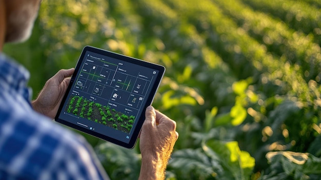 A farmer examining realtime data on a tablet using farm management software displaying crop growth analytics and resource allocation