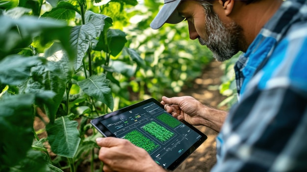 A farmer examining realtime data on a tablet using farm management software displaying crop growth analytics and resource allocation