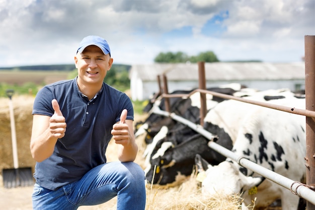 Farmer at farm with dairy cow