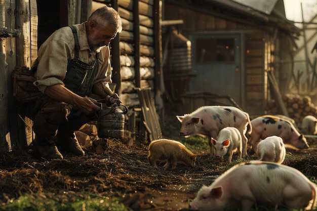 Farmer feeding animals on farm