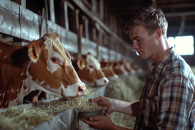 Photo farmer feeding cow in barn livestock care and rural farming life in agricultural dairy farm settin