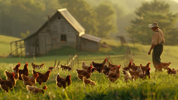 A farmer feeding freerange chickens on a small farm chickens pecking around in a grassy field rustic coop in the background morning light relaxed and natural ambiance highresolution