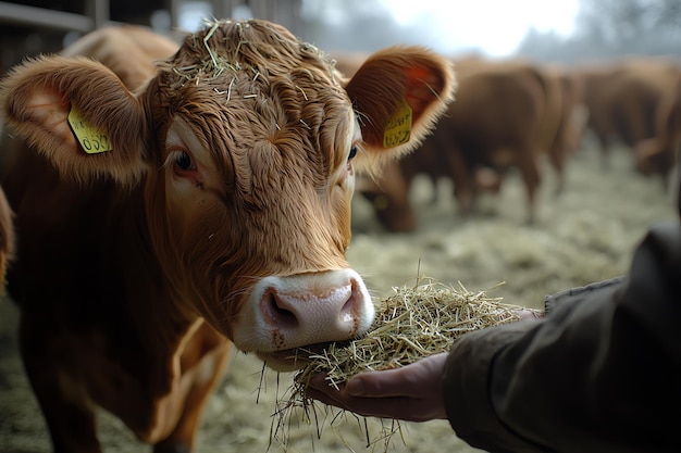 Farmer Feeding Hay to Cow in Rustic Barn Setting Highlighting Traditional Farm Life and Livestock