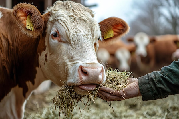 Farmer Feeding Hay to Cow in Rustic Barn Setting Highlighting Traditional Farm Life and Livestock