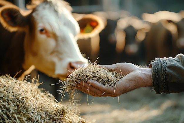 Photo farmer feeding hay to cow in rustic barn setting highlighting traditional farm life and livestock