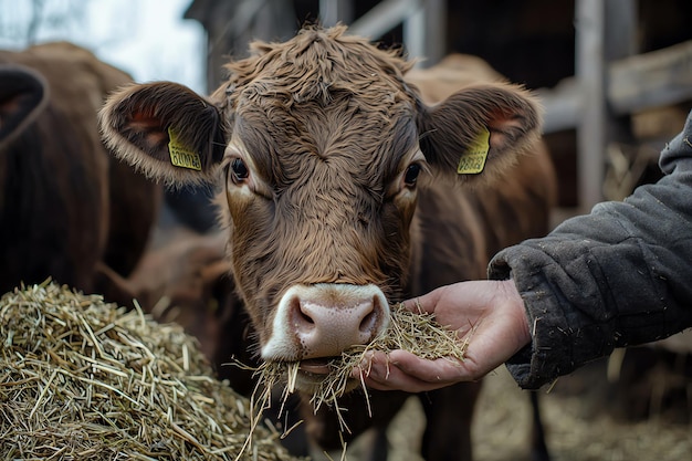 Farmer Feeding Hay to Cow in Rustic Barn Setting Highlighting Traditional Farm Life and Livestock