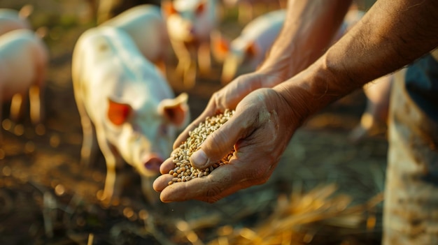 Photo the farmer feeding hungry pigs