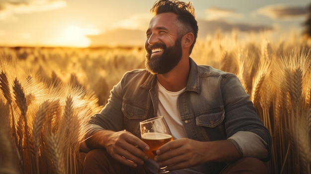 Farmer in the field holding beer