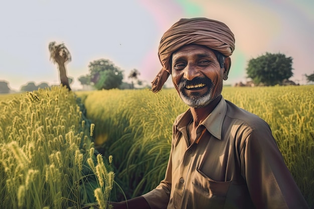 A farmer in a field smiling as he harvests crops and tends to his green land