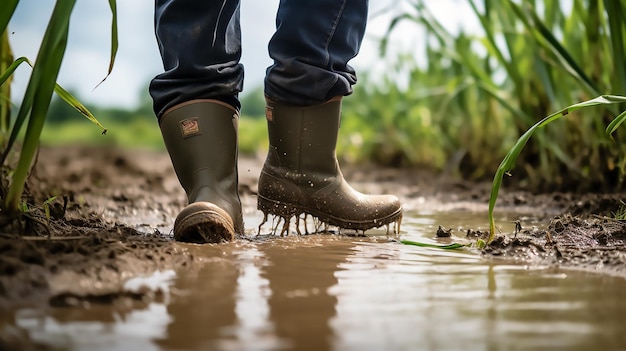 Farmer in Flooded Field with Rubber Boots