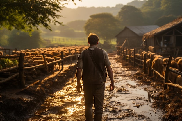 a farmer from behind wearing a straw hat working at a barnyard domestic animals