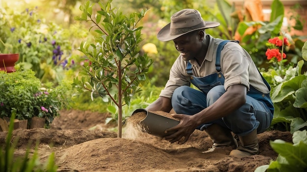 Farmer giving fertilizer young tree in garden