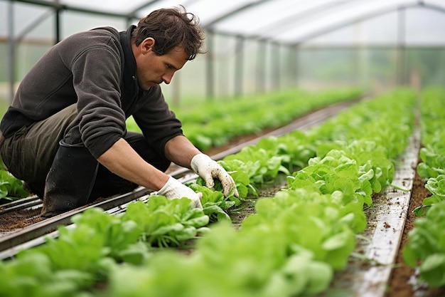 Farmer in greenhouse harvesting veggies