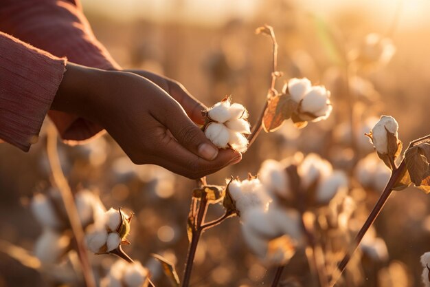 Photo farmer hands harvesting cotton tree at cotton field bokeh style background