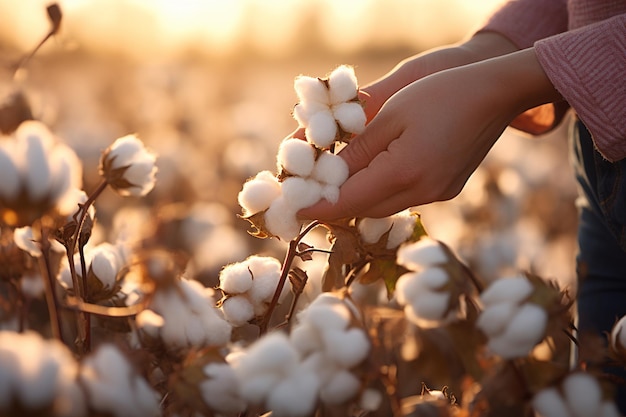 farmer hands harvesting cotton tree at cotton field bokeh style background