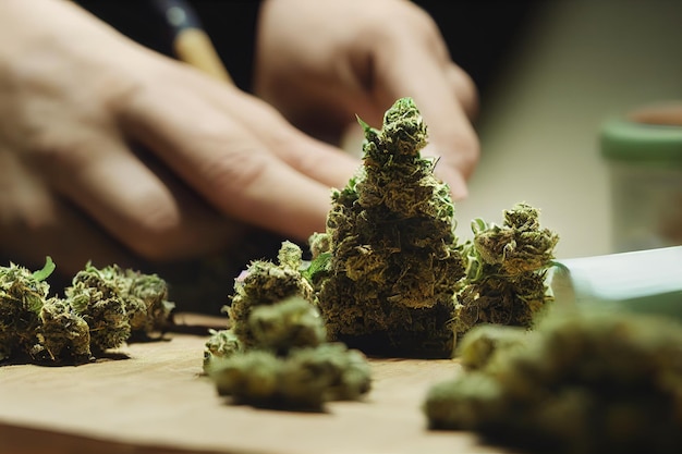 Farmer hands harvesting ripe cannabis flower buds closeup marijuana harvest at home farm or commerci