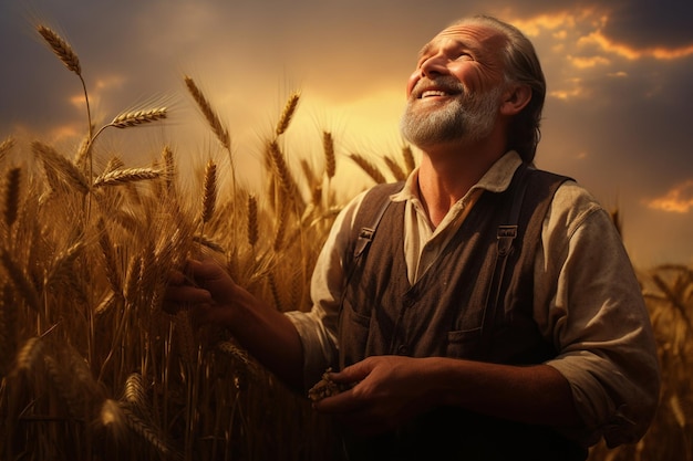 Farmer happily gathering golden ears of wheat in a field