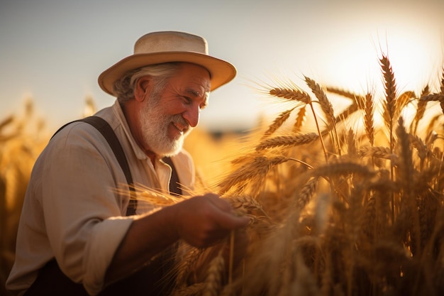 Farmer happily gathering golden ears of wheat in a field