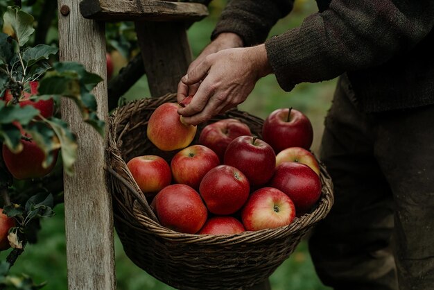 Photo farmer harvesting apples from a tree with a wooden ladder