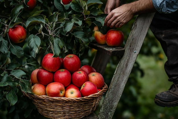 Photo farmer harvesting apples from a tree with a wooden ladder