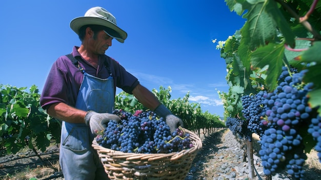 A farmer harvesting grapes in a vineyard lush green vines