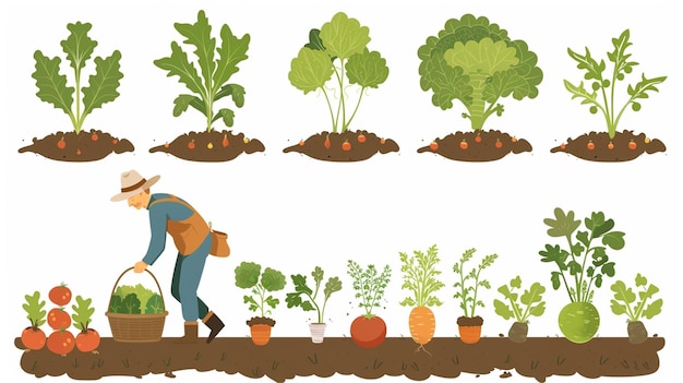 farmer harvesting vegetables in pot in the style of chic illustrations organic material sparse