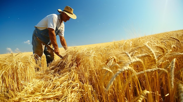 A farmer harvesting a wheat field with a sickle golden wheat