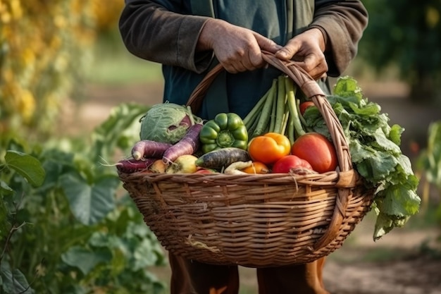 Farmer hold full basket of vegetables Generate Ai