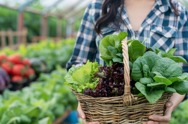 Farmer Holding a Basket Full of Freshly Harvested Leafy Greens in a Greenhouse