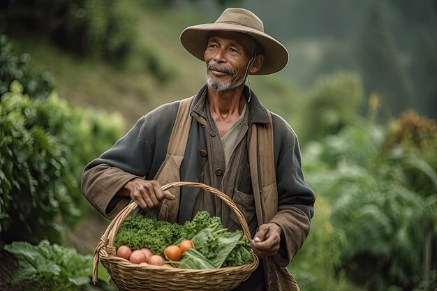 A farmer holding a basket of vegetables in a field Generative Ai