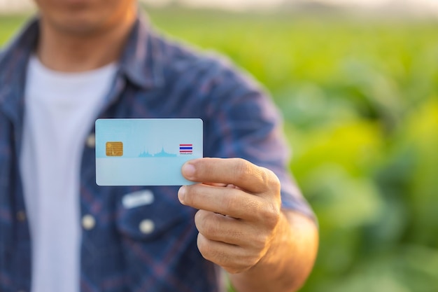 Farmer holding blank Thailand ID Card while working in the tobacco field