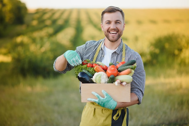 Farmer holding a crate of bio vegetables in the farm Happy man showing box of harvested vegetables