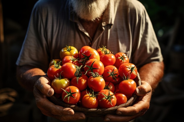 Farmer holding fresh tomatoes in the morning Food Vegetables Agriculture