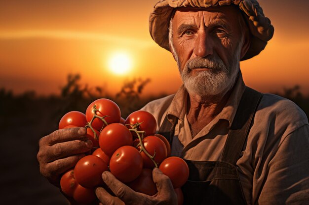 Farmer holding fresh tomatoes at sunset