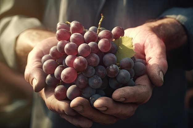 Farmer holding in his hands a bunch of freshly picked grapes Ai generative