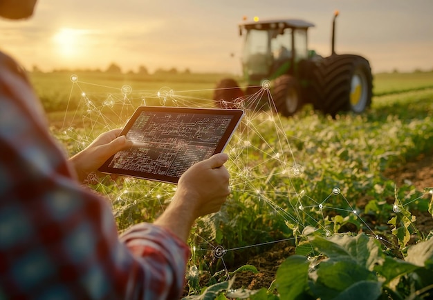 A Farmer Holding an iPad with a CloseUp of the Screen Showing Farm Data