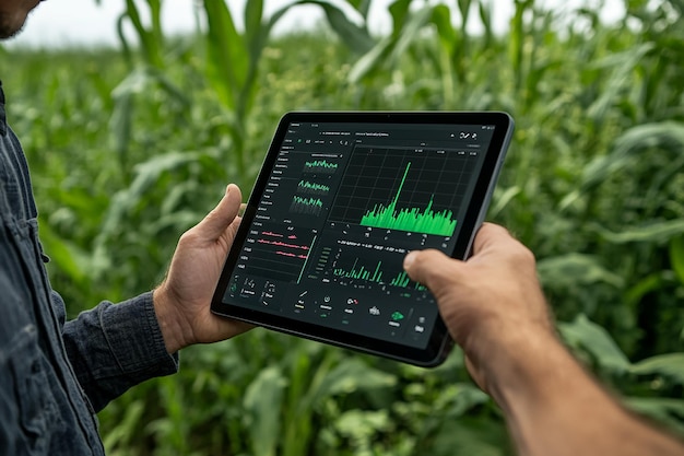 A Farmer Holding an iPad with a CloseUp of the Screen Showing Farm Data