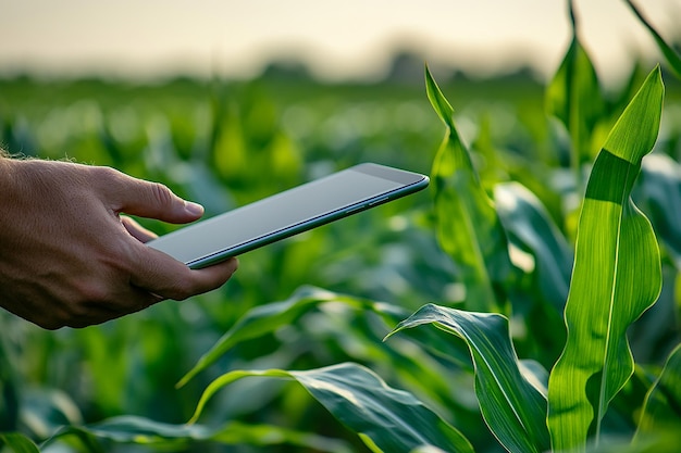 A Farmer Holding an iPad with a CloseUp of the Screen Showing Farm Data