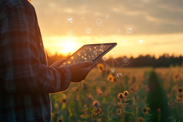 A farmer holding an iPad with icons of digital marketing