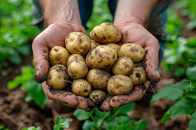 farmer holding potatoes in field