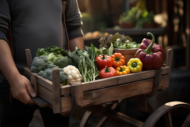 Farmer holding a wooden cart full of fresh vegetables