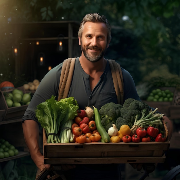 Farmer holding a wooden cart full of fresh vegetables