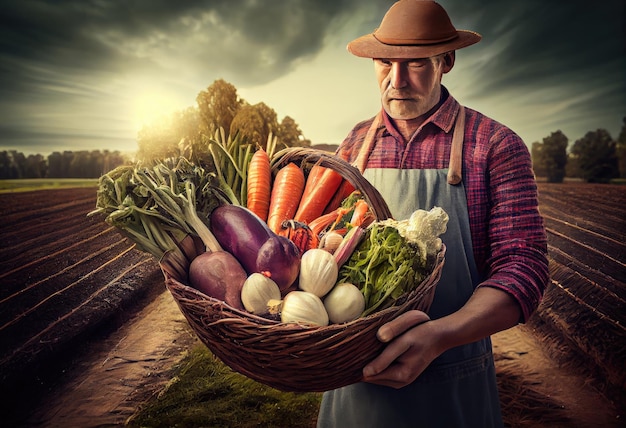 Farmer holds a basket of harvested vegetables against the background of a farm Harvesting Generate A