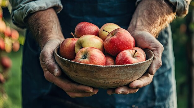 Photo the farmer holds a bowl of apples in his hands selective focus