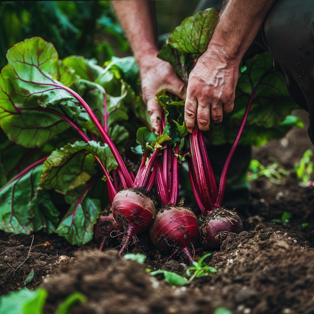 Farmer holds bunch fresh beets with lush leaves Healthy organic food vegetables agriculture