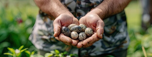 Photo the farmer holds quail eggs in his hands selective focus