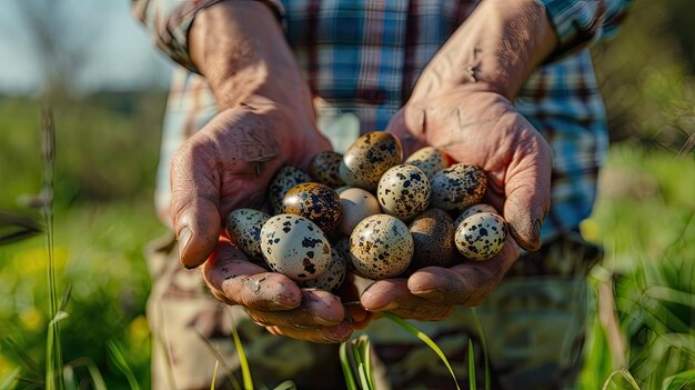 Photo the farmer holds quail eggs in his hands selective focus